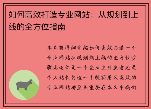 如何高效打造专业网站：从规划到上线的全方位指南